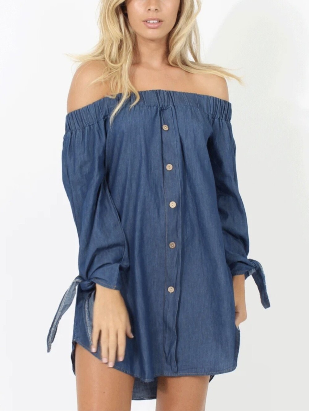 🌼5/$20 off-the-shoulder blue tunic dress elastic neckline Tie Cuffs Long Sleeve